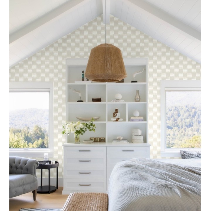 Papel pintado de rayas difuminadas con textura estilo Ikat tonos grises y beige - Nebula Glow 683089