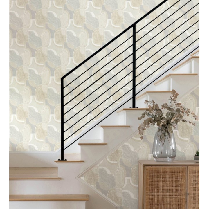 Papel pintado abstracto de líneas onduladas con tonos naturales y efectos dorado - Kilwa Waves 683099