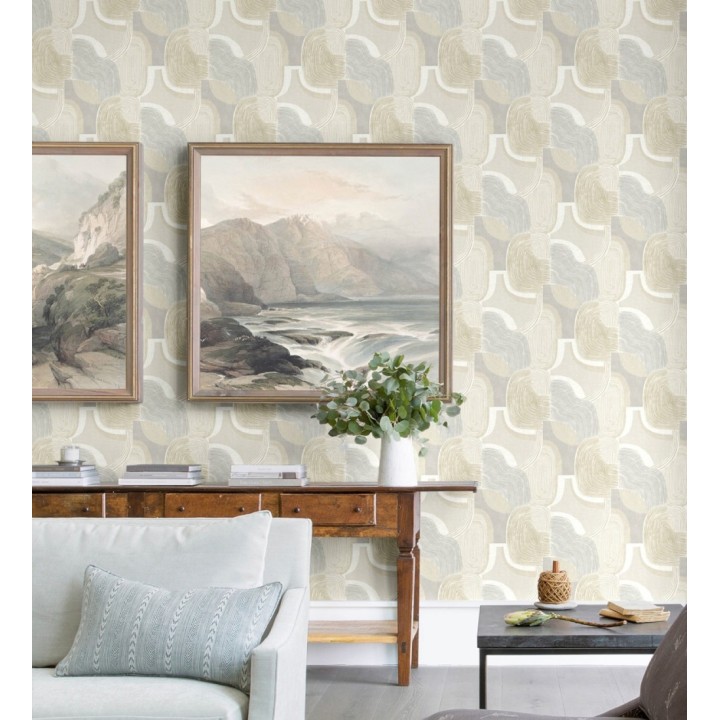 Papel pintado abstracto de líneas onduladas con tonos naturales y efectos dorado - Kilwa Waves 683099