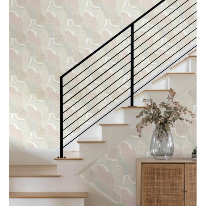 Papel pintado abstracto de líneas onduladas con tonos naturales y rosa pastel - Kilwa Waves 683100