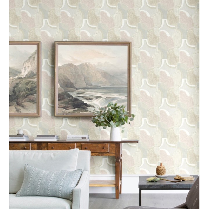 Papel pintado abstracto de líneas onduladas con tonos naturales y rosa pastel - Kilwa Waves 683100