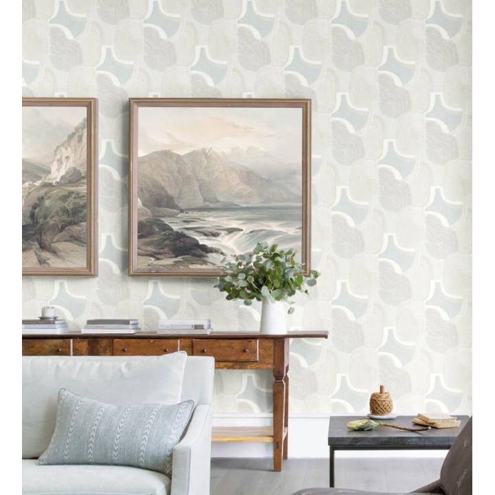 Papel pintado abstracto de líneas onduladas con grises nacarados y azules pastel - Kilwa Waves 683101