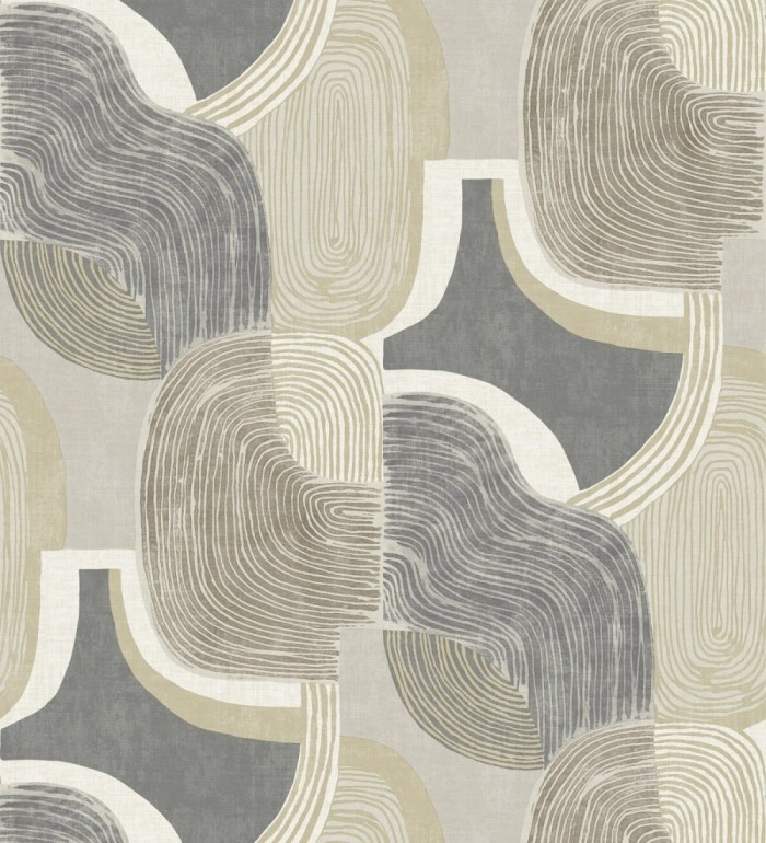 Papel pintado abstracto de líneas onduladas con tonos naturales y efectos dorado - Kilwa Waves 683102