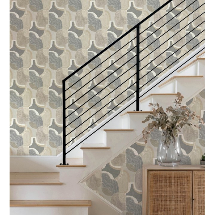 Papel pintado abstracto de líneas onduladas con tonos naturales y efectos dorado - Kilwa Waves 683102