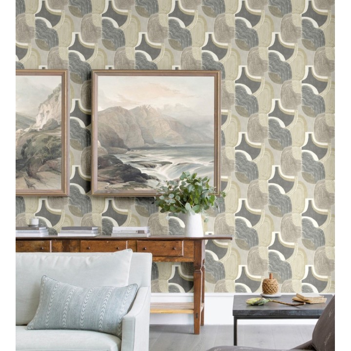 Papel pintado abstracto de líneas onduladas con tonos naturales y efectos dorado - Kilwa Waves 683102