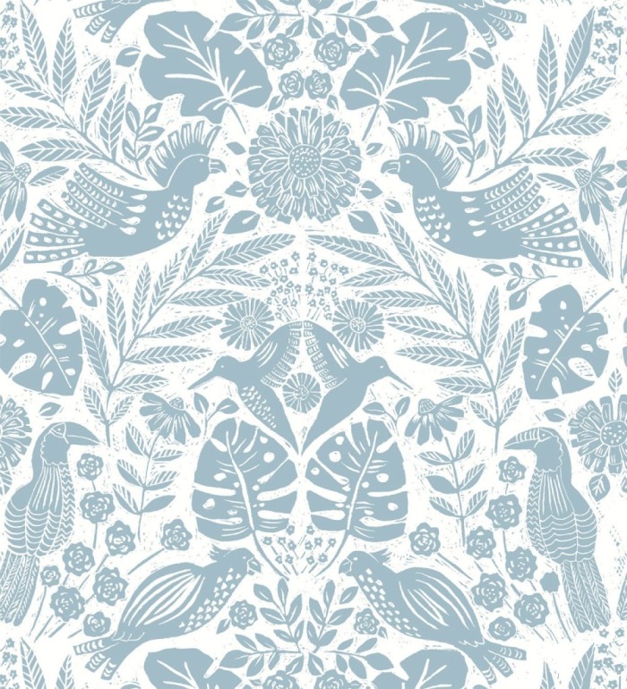 Papel pintado botánico con aves estilo étnico color azul - Acapulco Birds 683145