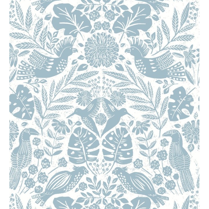 Papel pintado botánico con aves estilo étnico color azul - Acapulco Birds 683145