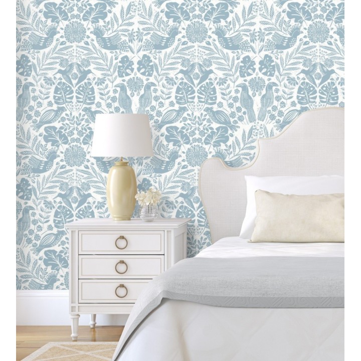 Papel pintado botánico con aves estilo étnico color azul - Acapulco Birds 683145