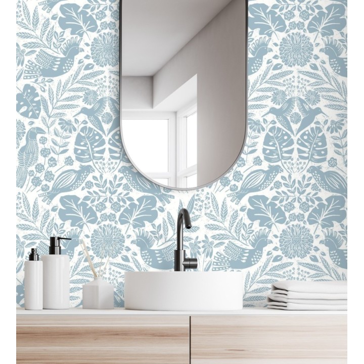 Papel pintado botánico con aves estilo étnico color azul - Acapulco Birds 683145