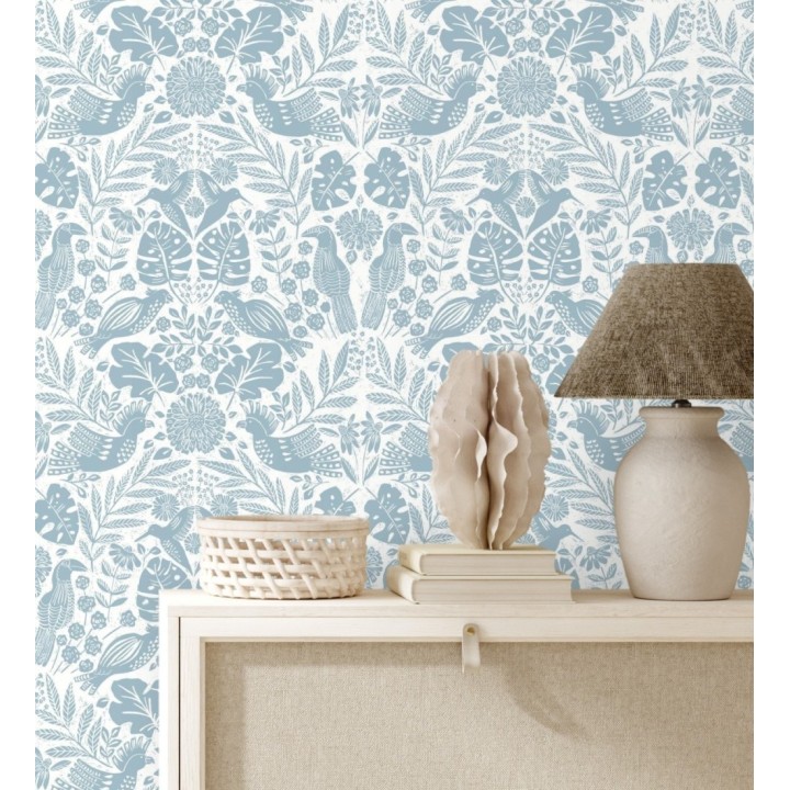 Papel pintado botánico con aves estilo étnico color azul - Acapulco Birds 683145