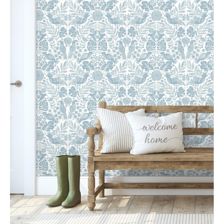 Papel pintado botánico con aves estilo étnico color azul - Acapulco Birds 683145