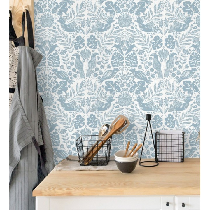Papel pintado botánico con aves estilo étnico color azul - Acapulco Birds 683145