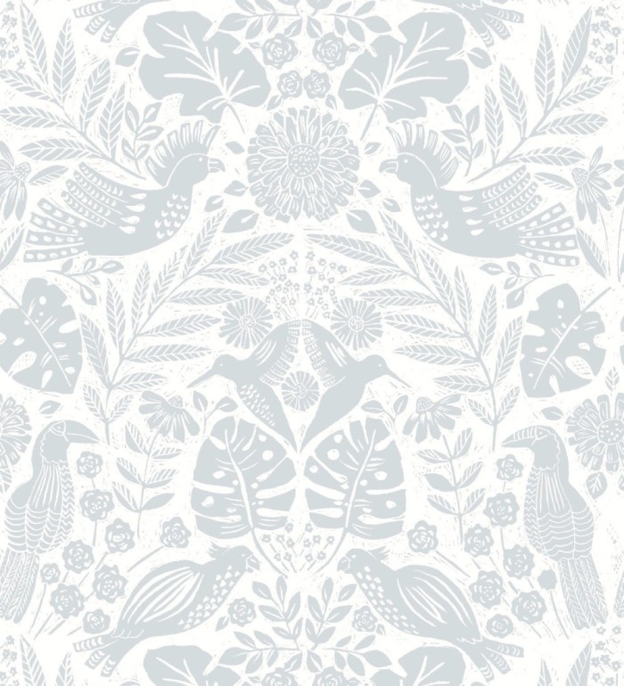 Papel pintado botánico con aves estilo étnico color gris - Acapulco Birds 683146