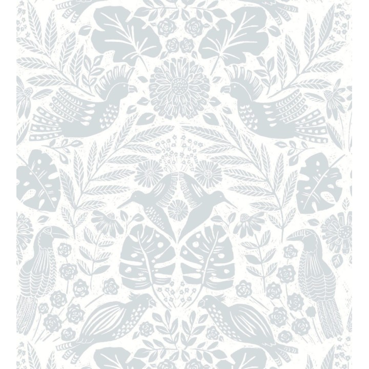 Papel pintado botánico con aves estilo étnico color gris - Acapulco Birds 683146