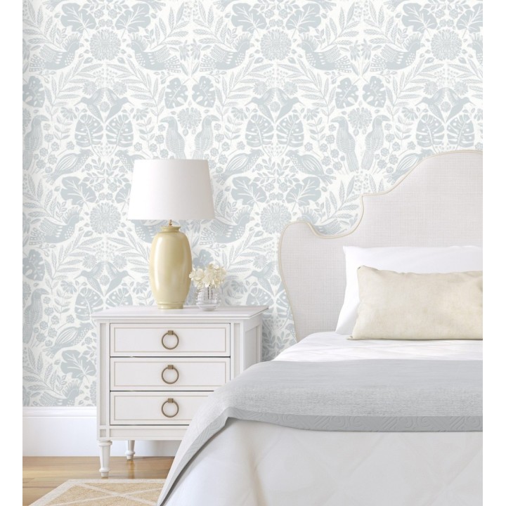 Papel pintado botánico con aves estilo étnico color gris - Acapulco Birds 683146