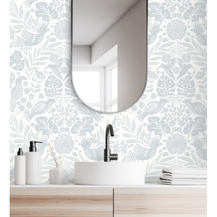 Papel pintado botánico con aves estilo étnico color gris - Acapulco Birds 683146