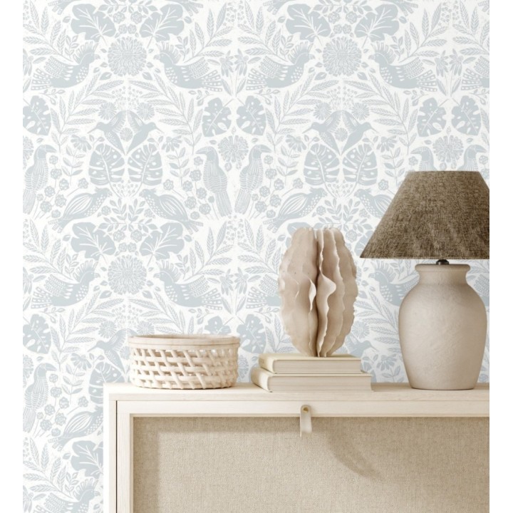 Papel pintado botánico con aves estilo étnico color gris - Acapulco Birds 683146