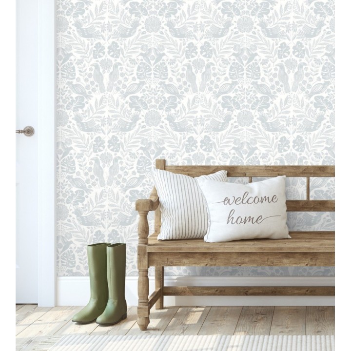 Papel pintado botánico con aves estilo étnico color gris - Acapulco Birds 683146