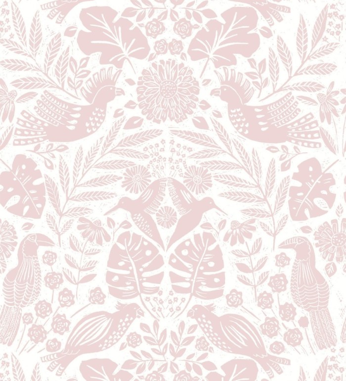 Papel pintado botánico con aves estilo étnico color rosa - Acapulco Birds 683147