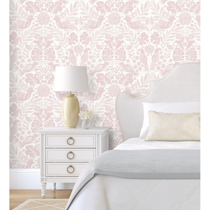 Papel pintado botánico con aves estilo étnico color rosa - Acapulco Birds 683147