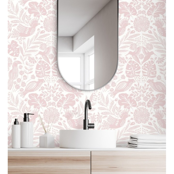 Papel pintado botánico con aves estilo étnico color rosa - Acapulco Birds 683147