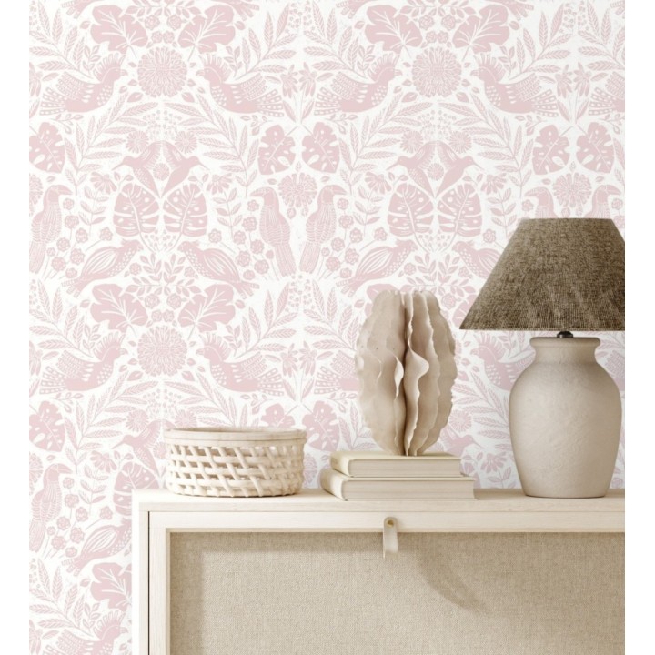 Papel pintado botánico con aves estilo étnico color rosa - Acapulco Birds 683147