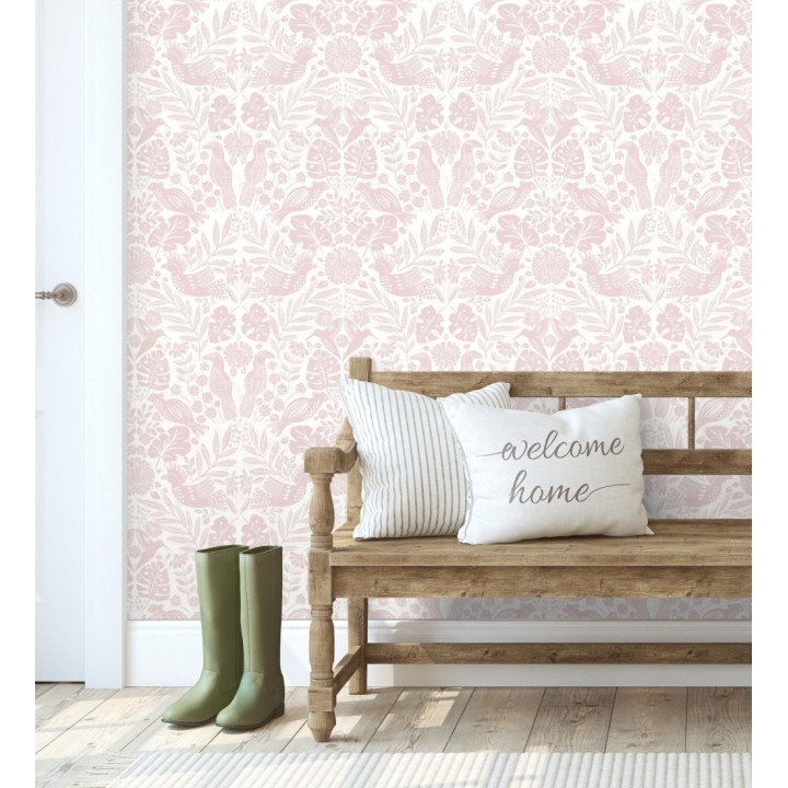 Papel pintado botánico con aves estilo étnico color rosa - Acapulco Birds 683147