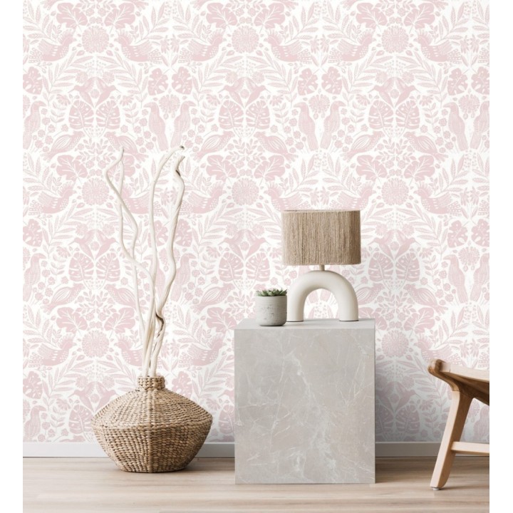 Papel pintado botánico con aves estilo étnico color rosa - Acapulco Birds 683147