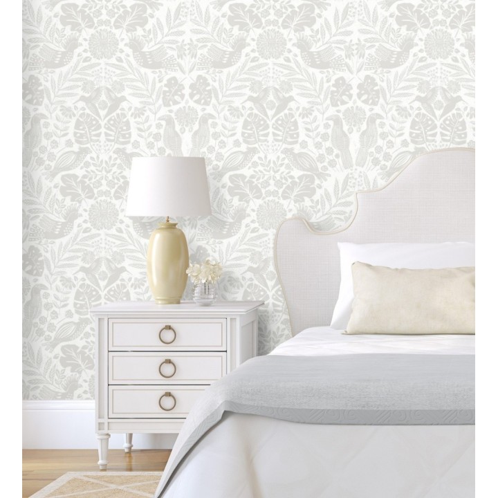 Papel pintado botánico con aves estilo étnico color beige - Acapulco Birds 683148