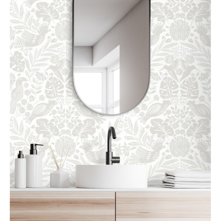 Papel pintado botánico con aves estilo étnico color beige - Acapulco Birds 683148