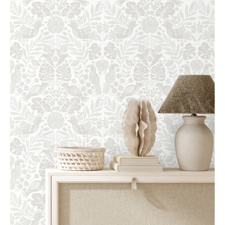 Papel pintado botánico con aves estilo étnico color beige - Acapulco Birds 683148