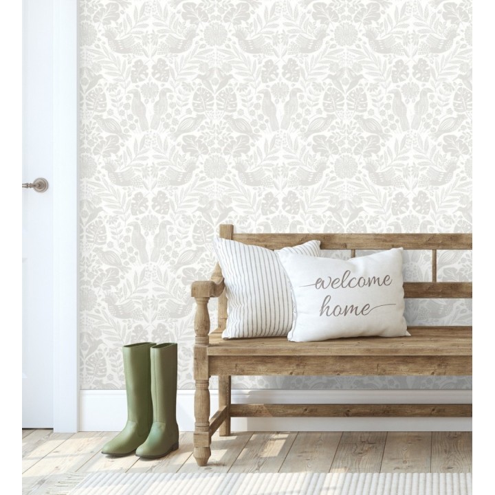 Papel pintado botánico con aves estilo étnico color beige - Acapulco Birds 683148