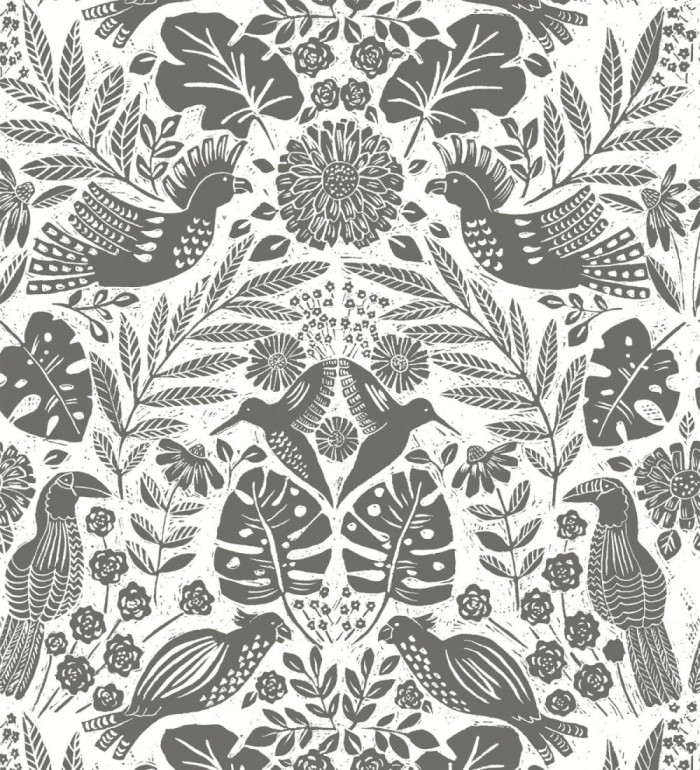 Papel pintado botánico con aves estilo étnico color negro - Acapulco Birds 683149