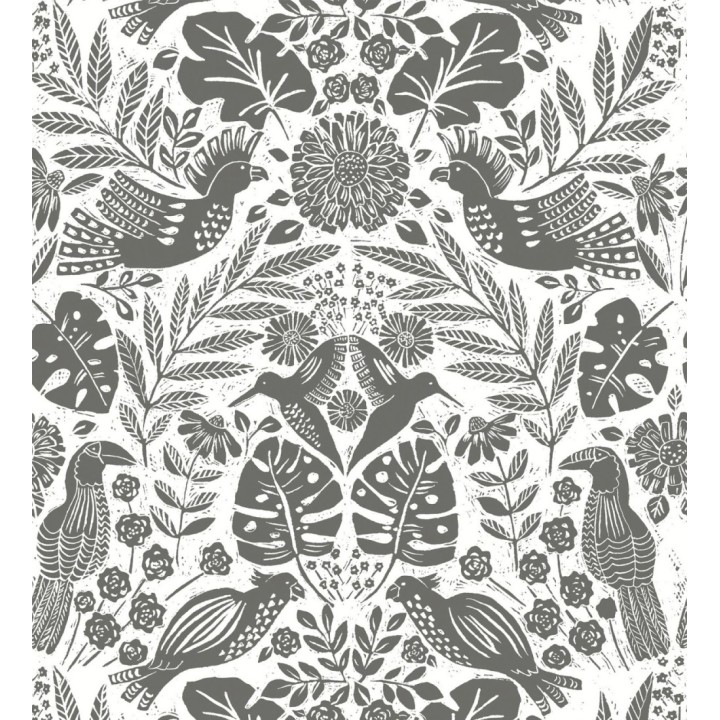 Papel pintado botánico con aves estilo étnico color negro - Acapulco Birds 683149
