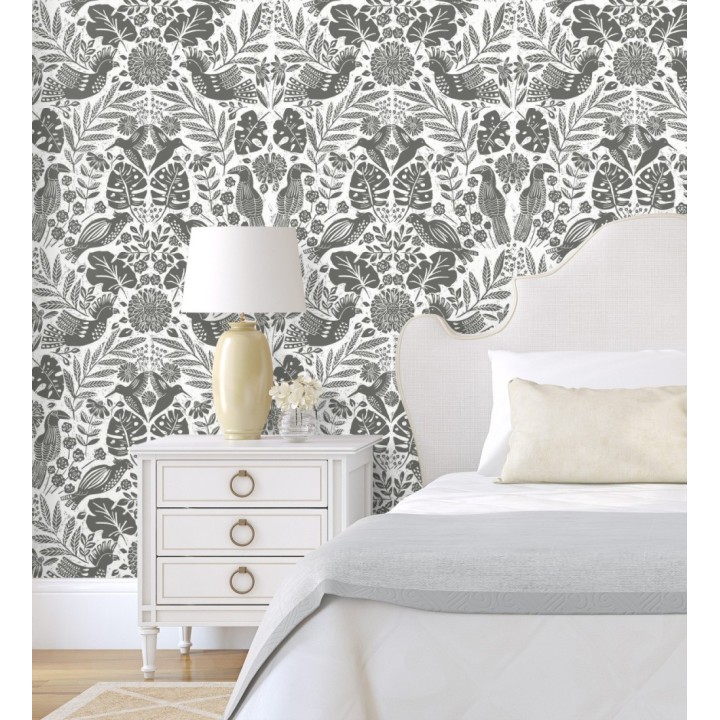 Papel pintado botánico con aves estilo étnico color negro - Acapulco Birds 683149