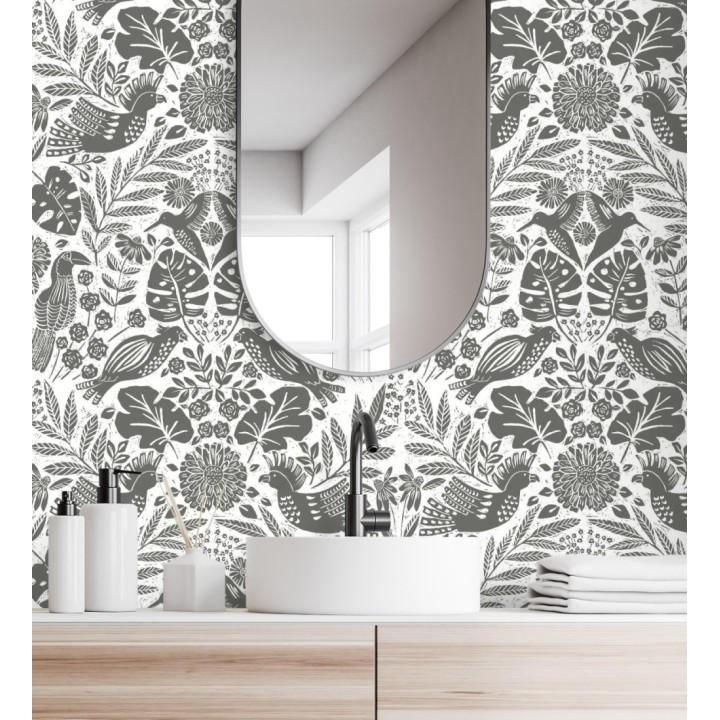 Papel pintado botánico con aves estilo étnico color negro - Acapulco Birds 683149