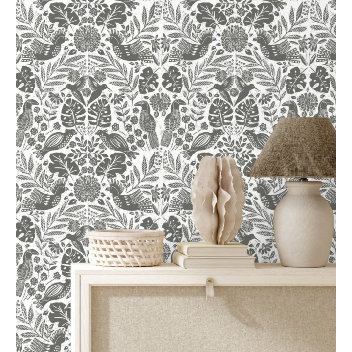 Papel pintado botánico con aves estilo étnico color negro - Acapulco Birds 683149