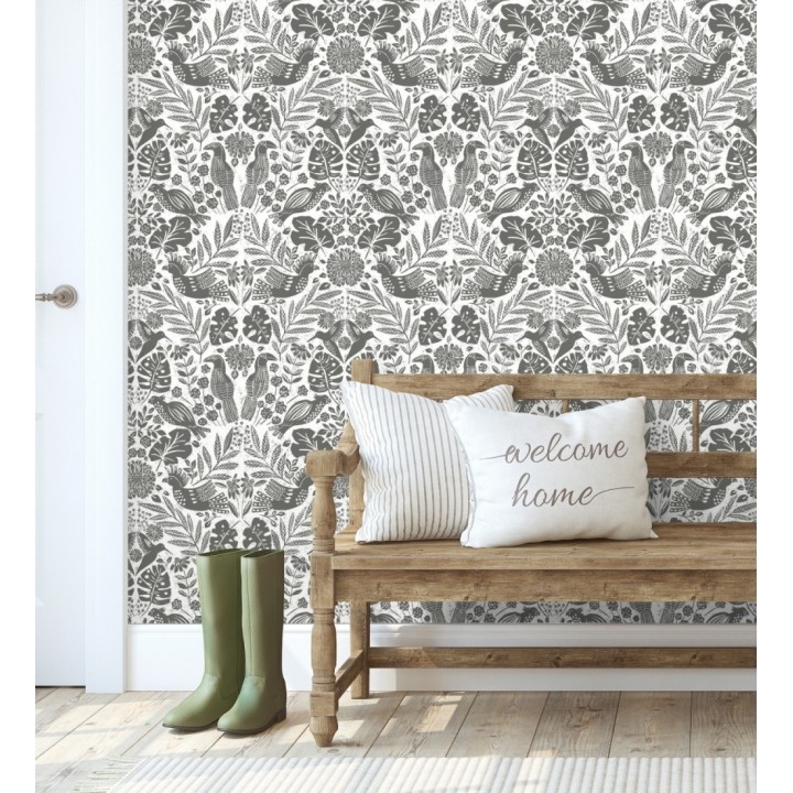 Papel pintado botánico con aves estilo étnico color negro - Acapulco Birds 683149