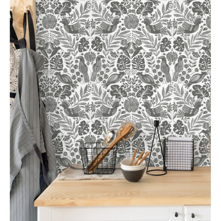 Papel pintado botánico con aves estilo étnico color negro - Acapulco Birds 683149