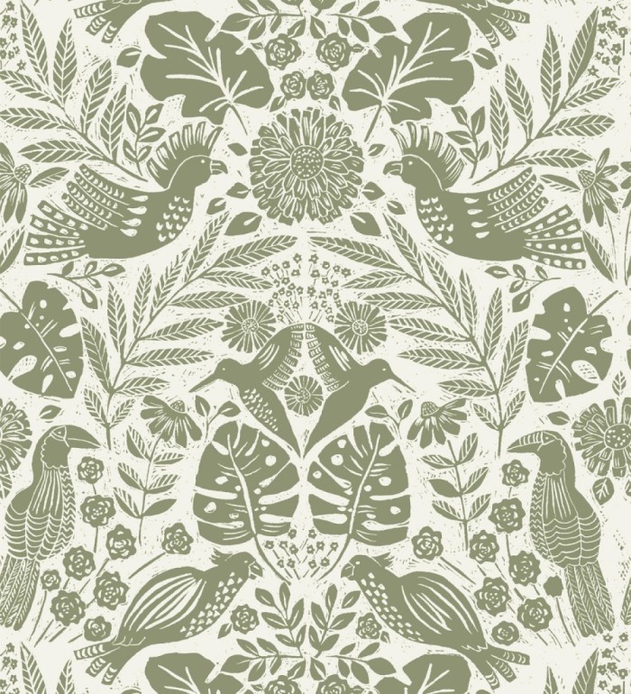 Papel pintado botánico con aves estilo étnico color verde - Acapulco Birds 683150