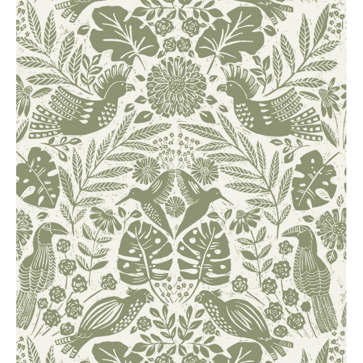 Papel pintado botánico con aves estilo étnico color verde - Acapulco Birds 683150