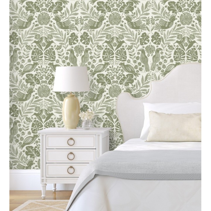 Papel pintado botánico con aves estilo étnico color verde - Acapulco Birds 683150