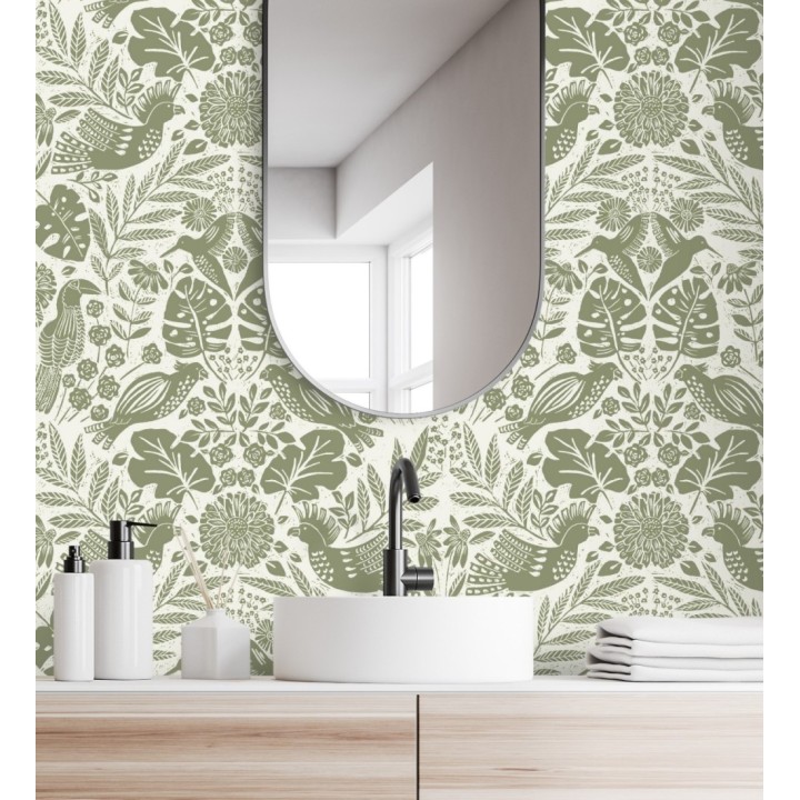 Papel pintado botánico con aves estilo étnico color verde - Acapulco Birds 683150