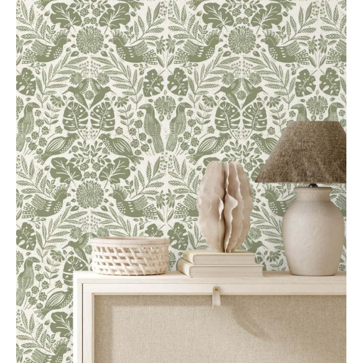 Papel pintado botánico con aves estilo étnico color verde - Acapulco Birds 683150