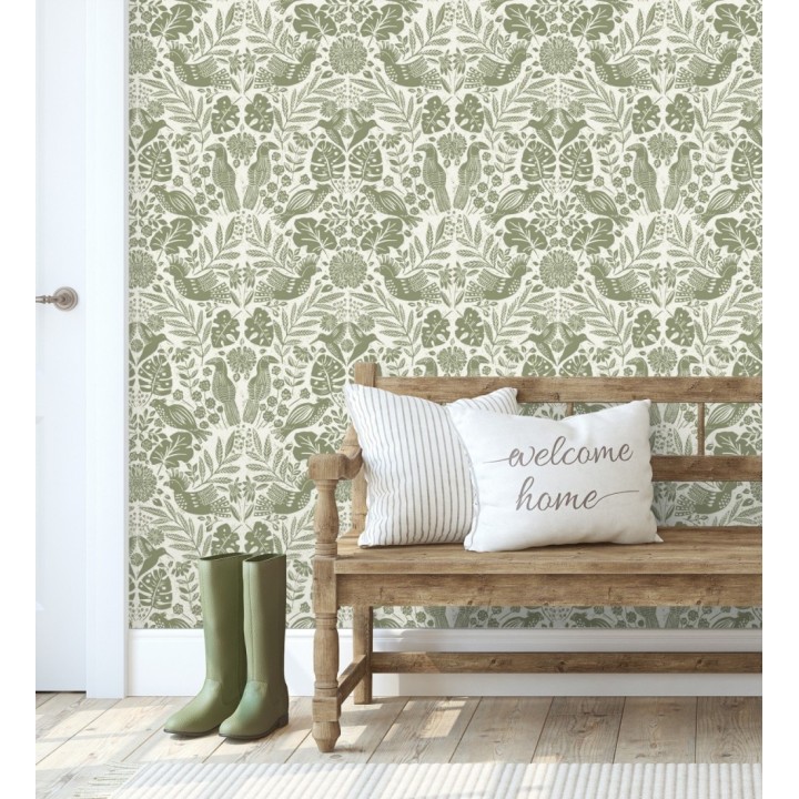 Papel pintado botánico con aves estilo étnico color verde - Acapulco Birds 683150