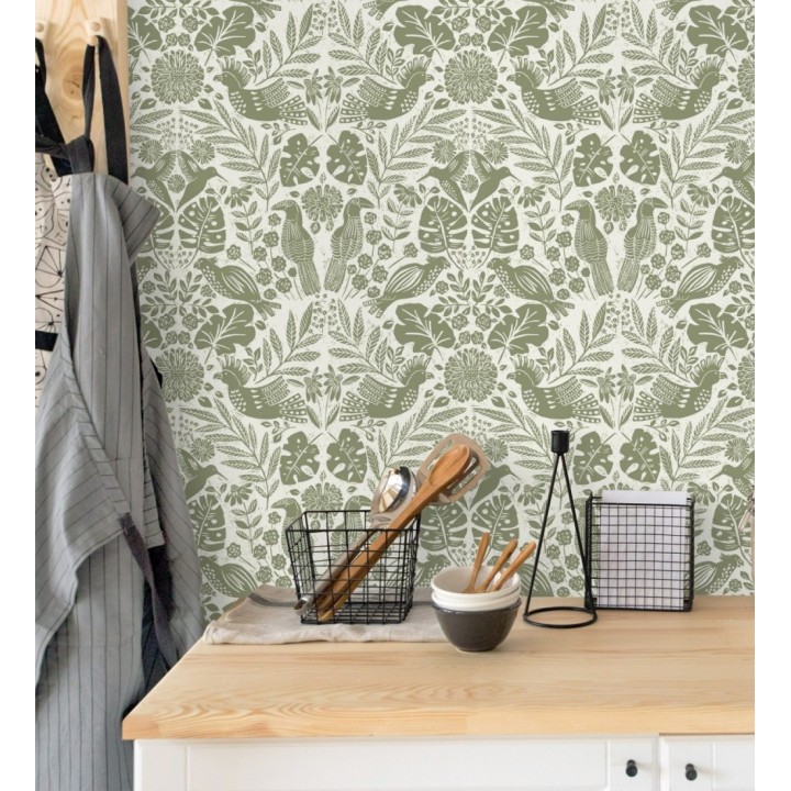 Papel pintado botánico con aves estilo étnico color verde - Acapulco Birds 683150