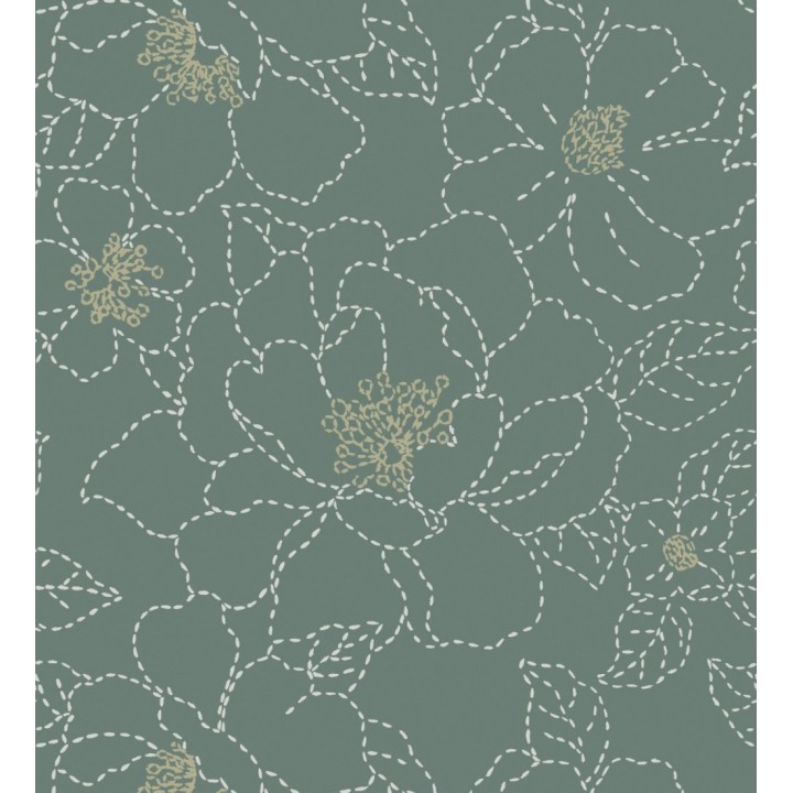 Papel pintado de flores en estilo de costura delicada fondo verde oscuro - Nomad Blossom 683151