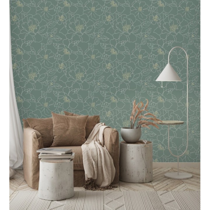 Papel pintado de flores en estilo de costura delicada fondo verde oscuro - Nomad Blossom 683151
