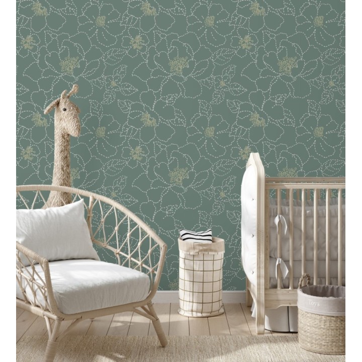Papel pintado de flores en estilo de costura delicada fondo verde oscuro - Nomad Blossom 683151