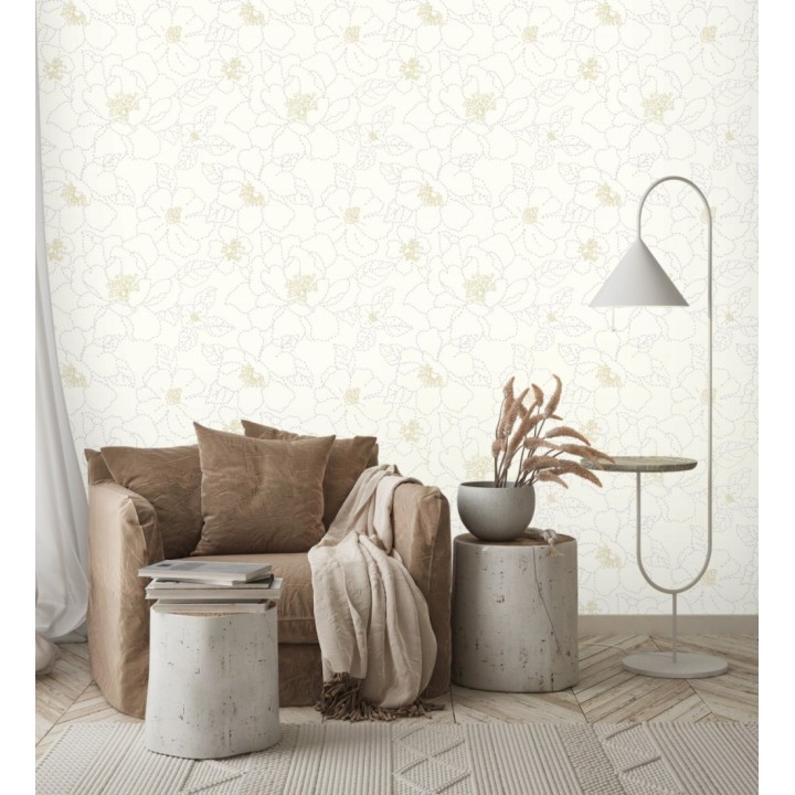 Papel pintado de flores en estilo de costura delicada fondo blanco - Nomad Blossom 683152